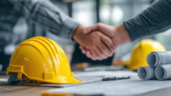 Two business professionals shaking hands in a construction office, conveying partnership and cooperation.
