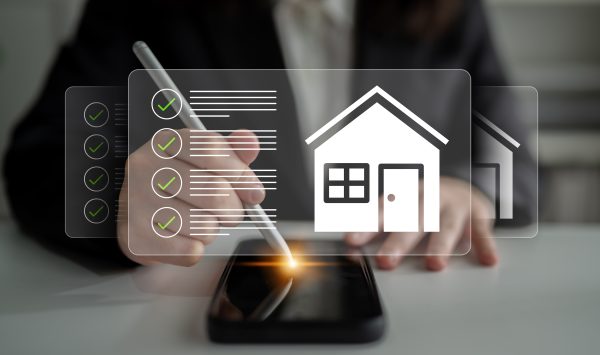 Professional checking process on smartphone with digital house icons and checklist features, emphasizing real estate management and technology integration Gantry